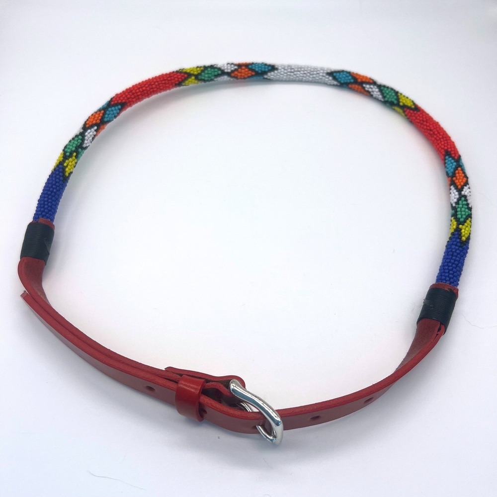 AL&C Beaded Leather Belt USA Vintage Medium Red Multicolor 1463 Native Southwest